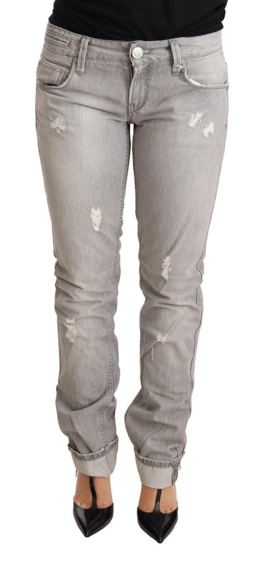 Gray Tattered Cotton Slim Fit Folded Hem Women Denim Jeans - Designed by Acht Available to Buy at a Discounted Price on Moon Behind The Hill Online Designer Discount Store