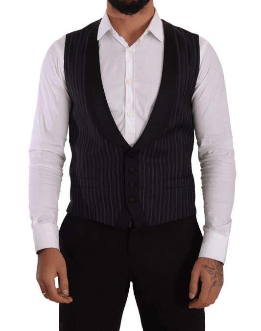 Black Striped Wool Silk Waistcoat Vest - Designed by Dolce & Gabbana Available to Buy at a Discounted Price on Moon Behind The Hill Online Designer Discount Store