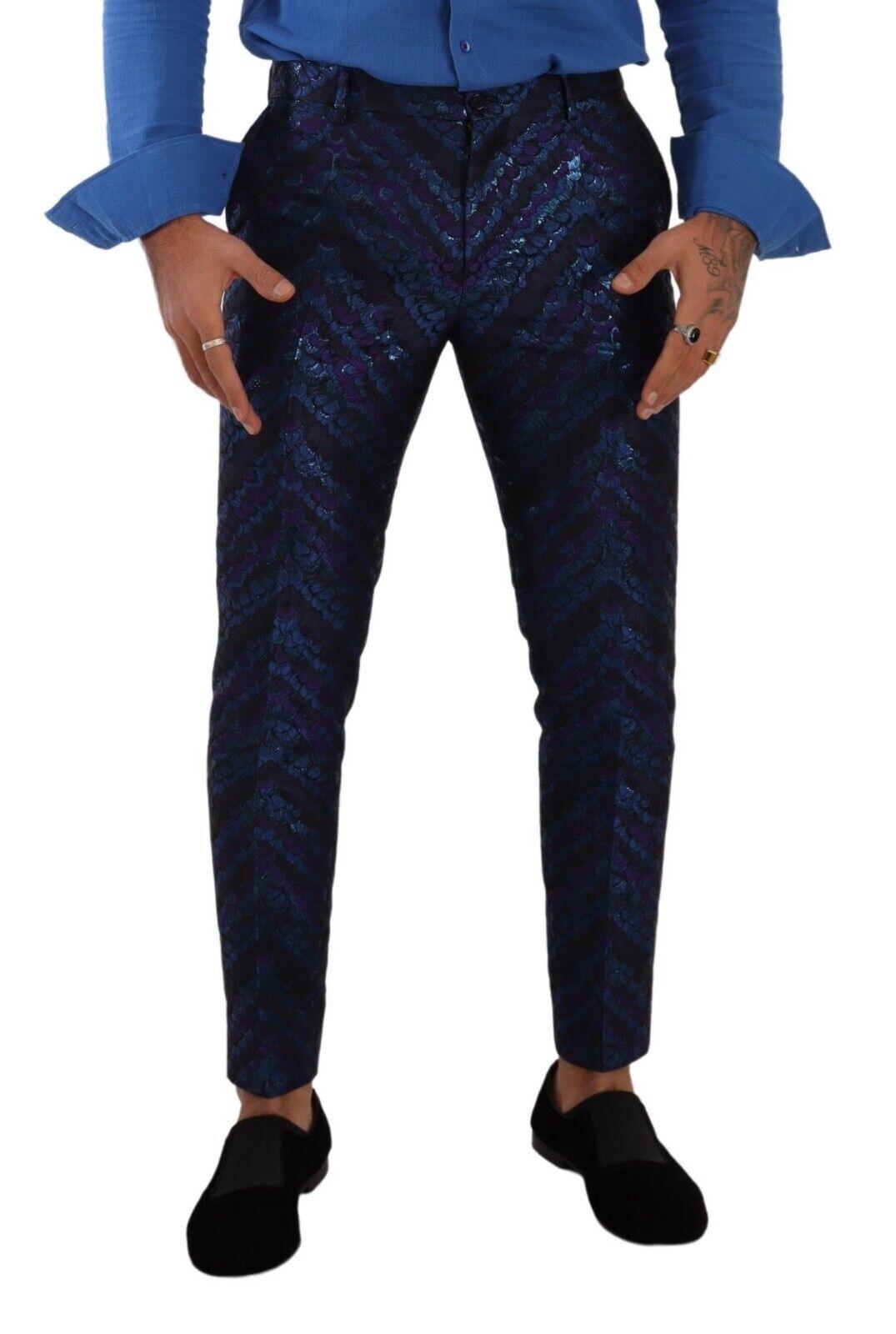 Blue Purple Jacquard Formal Trouser Dress Pants - Designed by Dolce & Gabbana Available to Buy at a Discounted Price on Moon Behind The Hill Online Designer Discount Store