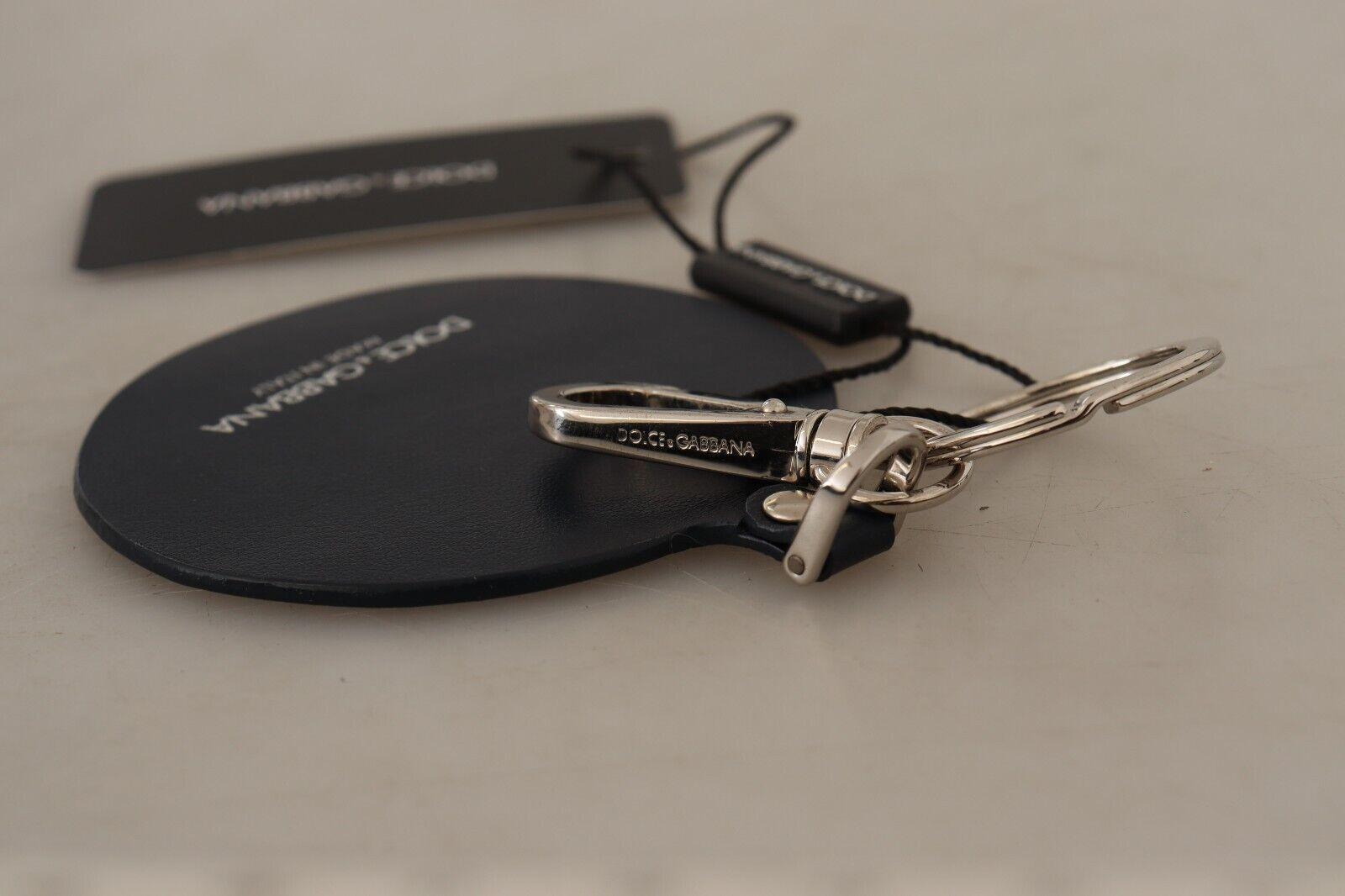 Black Leather Shell Metal Silver Tone Keyring Keychain - Designed by Dolce & Gabbana Available to Buy at a Discounted Price on Moon Behind The Hill Online Designer Discount Store