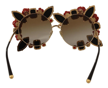 Gold Metal Frame Roses Embellished Sunglasses - Designed by Dolce & Gabbana Available to Buy at a Discounted Price on Moon Behind The Hill Online Designer Discount Store