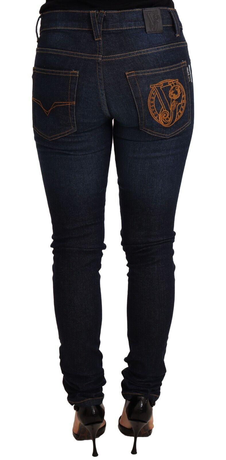 Dark Blue Cotton Low Waist Skinny Denim Jeans - Designed by Versace Jeans Available to Buy at a Discounted Price on Moon Behind The Hill Online Designer Discount Store