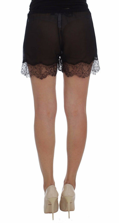 Black Floral Lace Silk Sleepwear Shorts - Designed by Dolce & Gabbana Available to Buy at a Discounted Price on Moon Behind The Hill Online Designer Discount Store