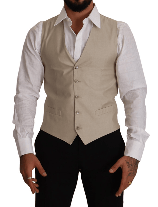 Beige Cotton Silk Slim Fit Waistcoat Vest - Designed by Dolce & Gabbana Available to Buy at a Discounted Price on Moon Behind The Hill Online Designer Discount Store