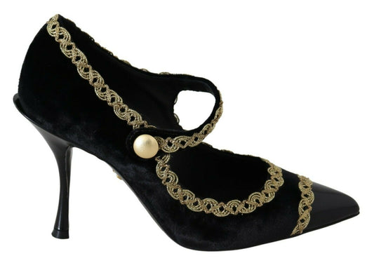 Dolce & Gabbana Black Embellished Velvet Mary Jane Pumps Shoes - Designed by Dolce & Gabbana Available to Buy at a Discounted Price on Moon Behind The Hill Online Designer Discount Store