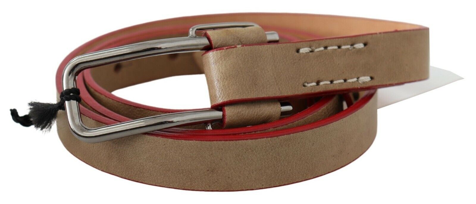 Beige Leather Silver Logo Buckle Waist Belt - Designed by Costume National Available to Buy at a Discounted Price on Moon Behind The Hill Online Designer Discount Store