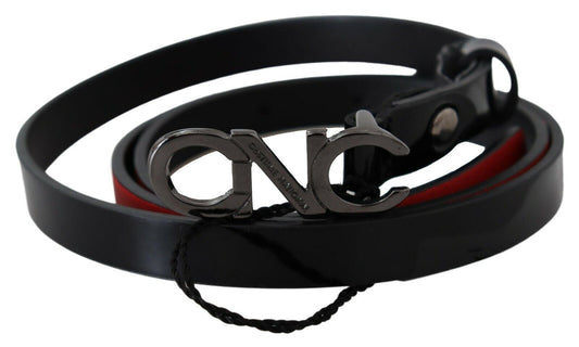 Black Skinny Leather Logo Buckle Belt - Designed by Costume National Available to Buy at a Discounted Price on Moon Behind The Hill Online Designer Discount Store
