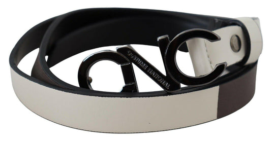 White Black Leather Letter Logo Buckle Belt designed by Costume National available from Moon Behind The Hill 's Clothing Accessories > Belts > Womens range
