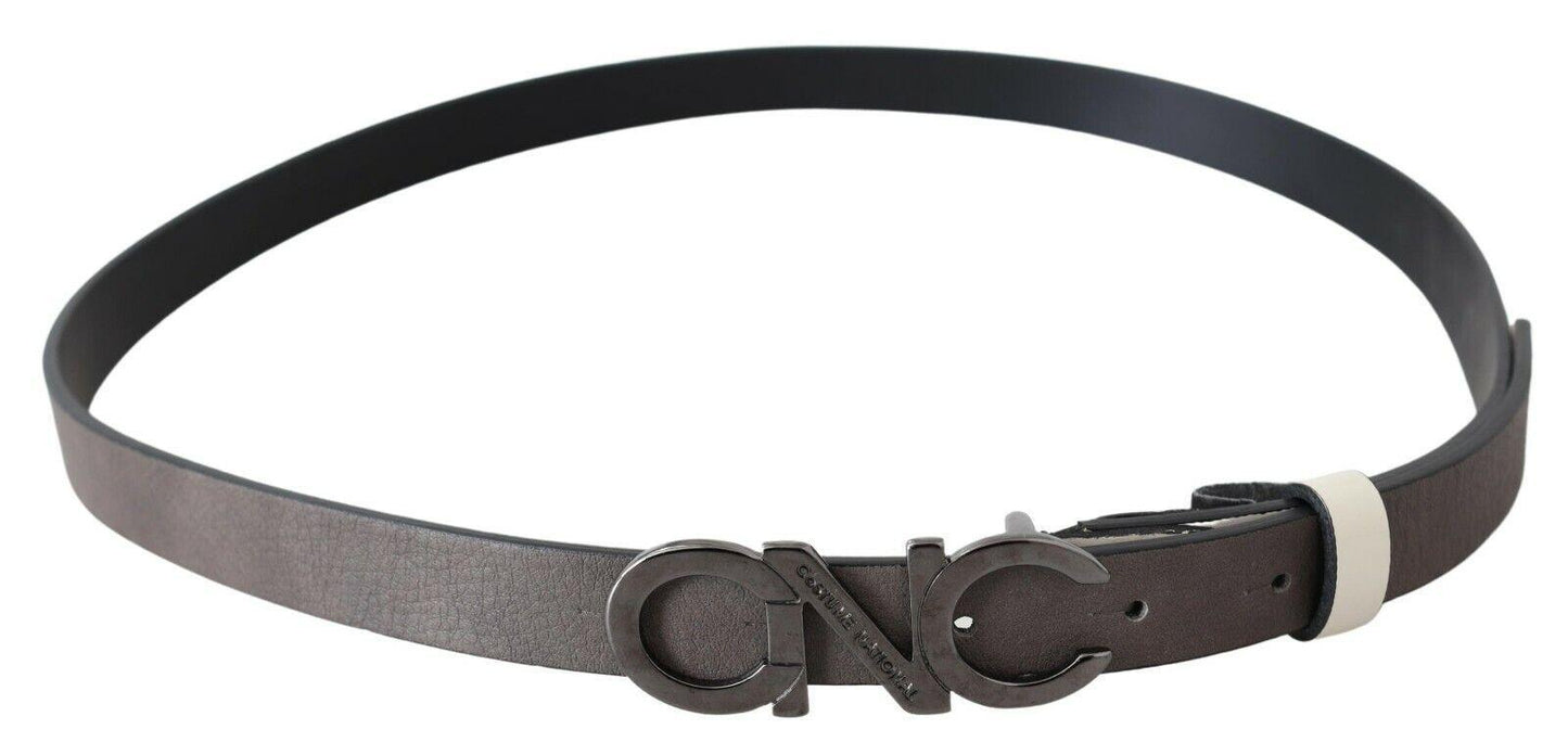 Belt Mettalic Gray Leather Logo Belt - Designed by Costume National Available to Buy at a Discounted Price on Moon Behind The Hill Online Designer Discount Store