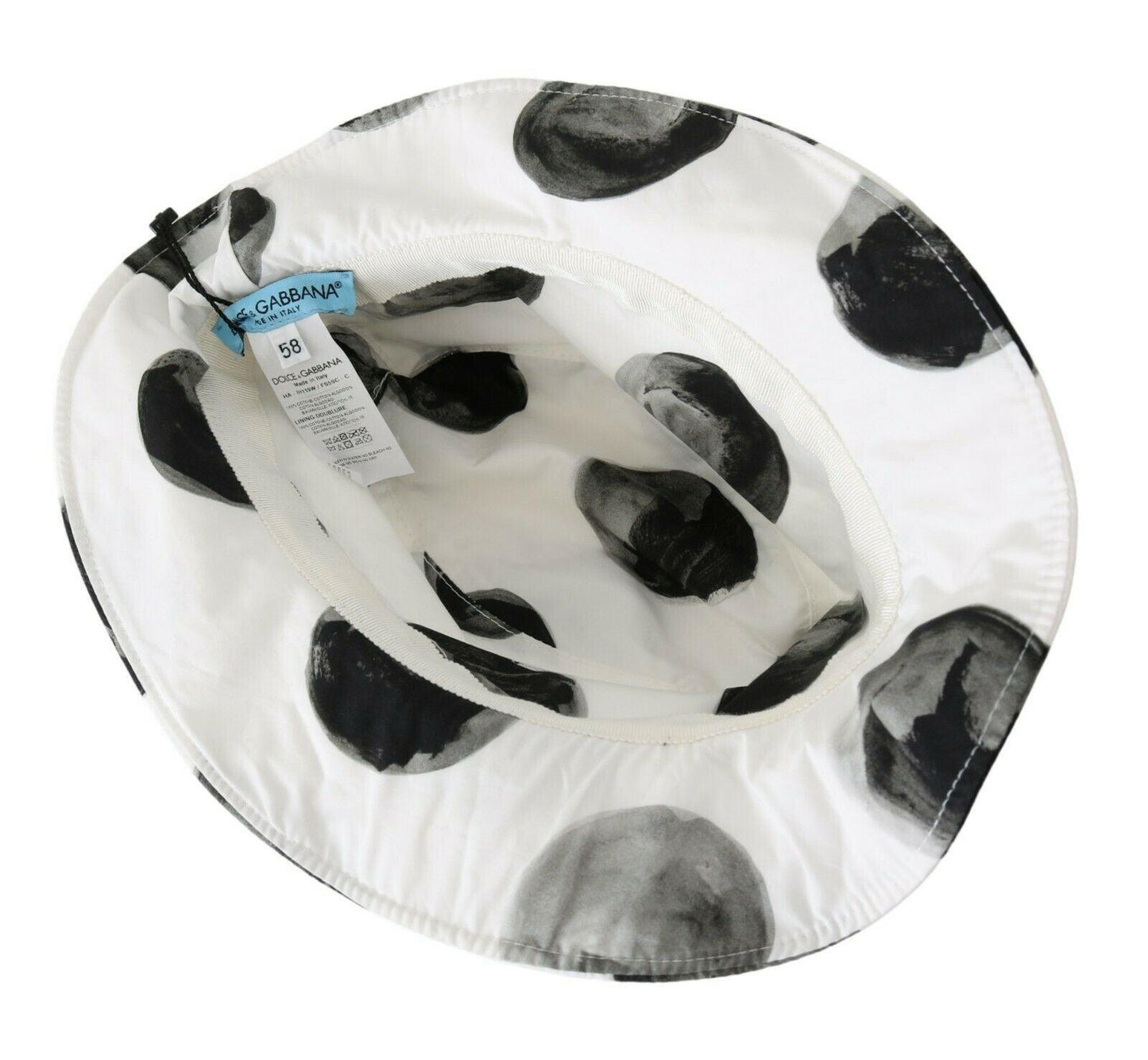 White Cotton Big Polka Dot Pattern Bucket Hat designed by Dolce & Gabbana available from Moon Behind The Hill 's Clothing Accessories > Hats > Womens range