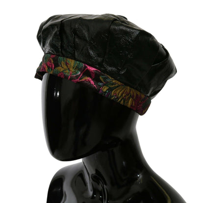Black Lamb Leather Floral Print Beret Hat - Designed by Dolce & Gabbana Available to Buy at a Discounted Price on Moon Behind The Hill Online Designer Discount Store