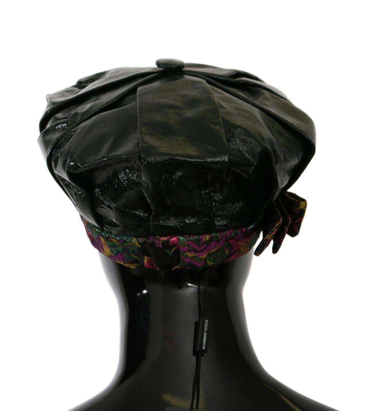 Black Lamb Leather Floral Print Beret Hat - Designed by Dolce & Gabbana Available to Buy at a Discounted Price on Moon Behind The Hill Online Designer Discount Store