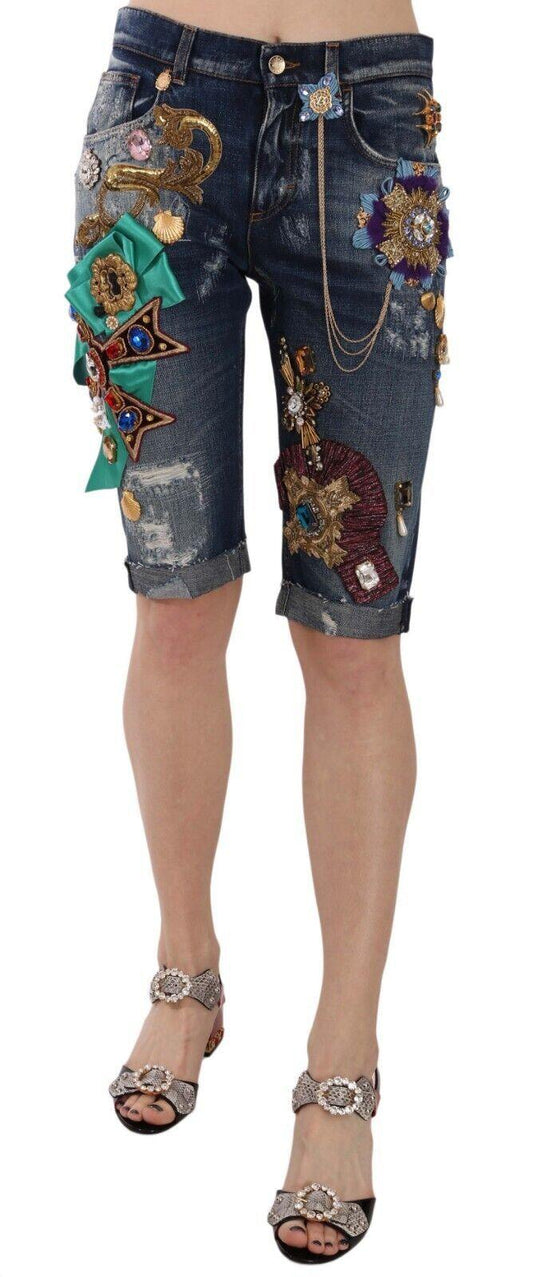 Blue Denim Mid Waist Crystal Capri Shorts - Designed by Dolce & Gabbana Available to Buy at a Discounted Price on Moon Behind The Hill Online Designer Discount Store