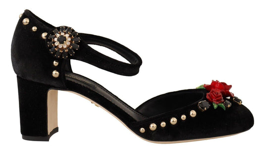 Dolce & Gabbana Black Velvet Roses Ankle Strap Pumps Shoes - Designed by Dolce & Gabbana Available to Buy at a Discounted Price on Moon Behind The Hill Online Designer Discount Store