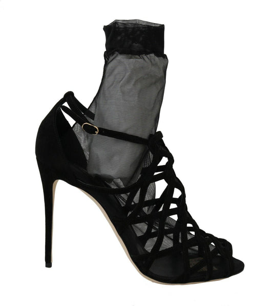 Black Suede Tulle Ankle Boots Sandal Shoes - Designed by Dolce & Gabbana Available to Buy at a Discounted Price on Moon Behind The Hill Online Designer Discount Store