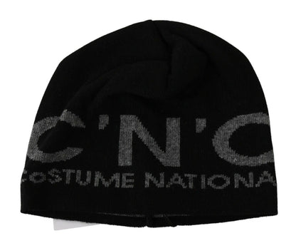 Beanie Black Wool Blend Branded Hat - Designed by Costume National Available to Buy at a Discounted Price on Moon Behind The Hill Online Designer Discount Store