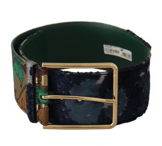 Green Jaquard Embroid Leather Gold Metal Belt