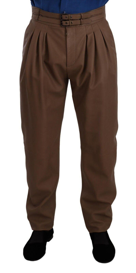 Brown Leather Tapered High Waist Pants - Designed by Dolce & Gabbana Available to Buy at a Discounted Price on Moon Behind The Hill Online Designer Discount Store