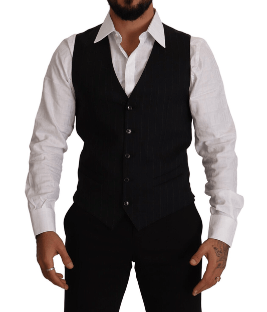 Blue Striped Wool Stretch Waistcoat Vest - Designed by Dolce & Gabbana Available to Buy at a Discounted Price on Moon Behind The Hill Online Designer Discount Store