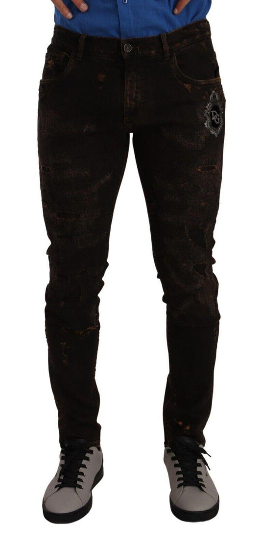Brown DG Crown Logo Cotton Skinny Denim Jeans - Designed by Dolce & Gabbana Available to Buy at a Discounted Price on Moon Behind The Hill Online Designer Discount Store