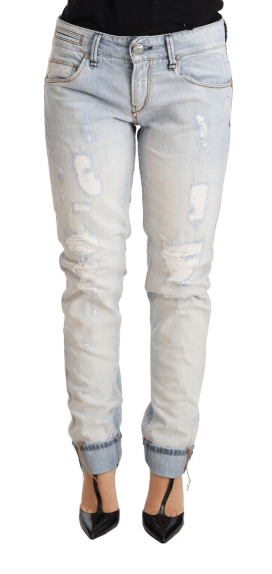 Light Blue Distressed Cotton Folded Hem Denim Trouser Jeans designed by Acht available from Moon Behind The Hill 's Clothing > Pants > Womens range