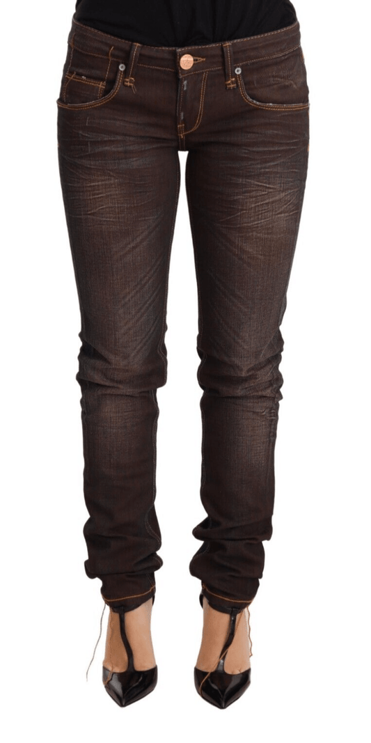Brown Washed Cotton Slim Fit Denim Low Waist Trouser Jeans - Designed by Acht Available to Buy at a Discounted Price on Moon Behind The Hill Online Designer Discount Store