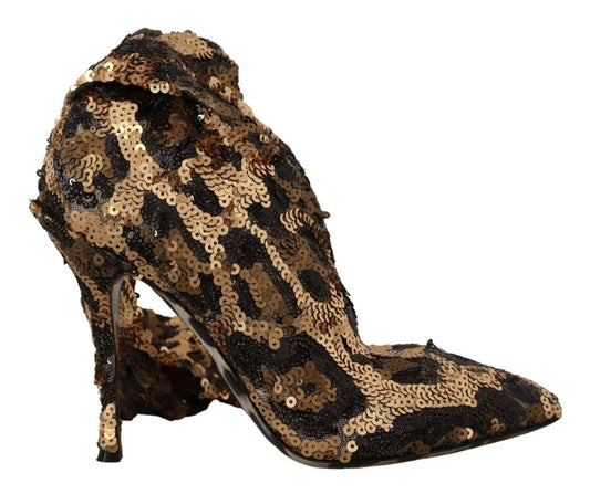 Dolce & Gabbana Gold Leopard Sequins Heels Boots Shoes - Designed by Dolce & Gabbana Available to Buy at a Discounted Price on Moon Behind The Hill Online Designer Discount Store