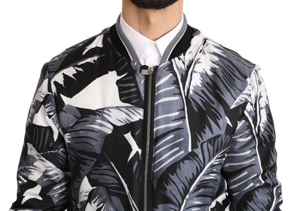 Black Silk Banana Leaf Print Bomber Jacket - Designed by Dolce & Gabbana Available to Buy at a Discounted Price on Moon Behind The Hill Online Designer Discount Store