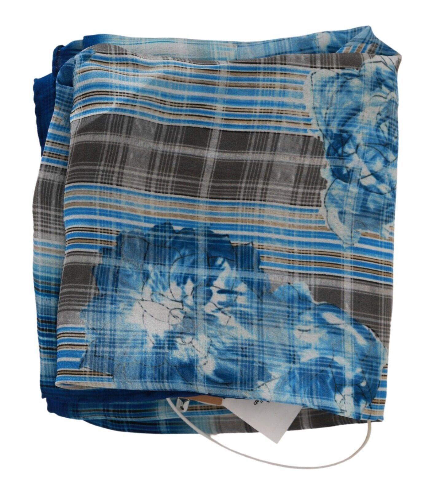 John Galliano Blue Stripe Floral Printed Bandana Cotton Square Scarf - Designed by John Galliano Available to Buy at a Discounted Price on Moon Behind The Hill Online Designer Discount Store