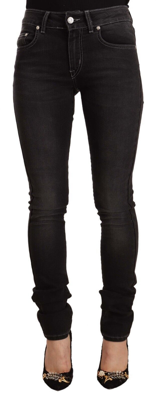 GF Ferre Black Washed Mid Waist Cotton Denim Skinny Jeans - Designed by GF Ferre Available to Buy at a Discounted Price on Moon Behind The Hill Online Designer Discount Store