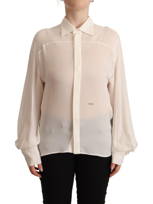 Dsquared² Off White Silk Long Sleeves Collared Blouse Top - Designed by Dsquared² Available to Buy at a Discounted Price on Moon Behind The Hill Online Designer Discount Store