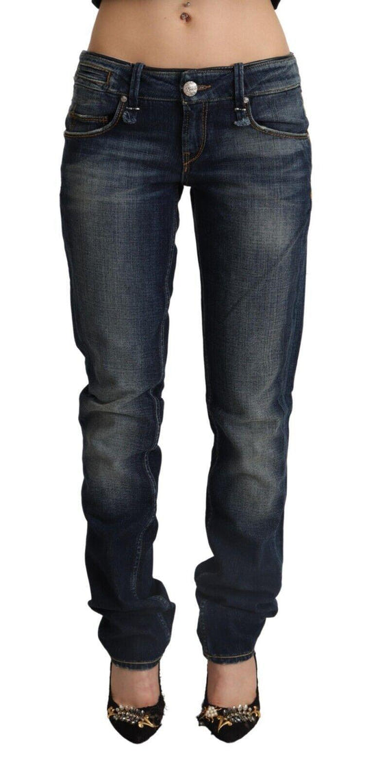 Dark Blue Washed Cotton Skinny Denim Low Waist Jeans - Designed by Acht Available to Buy at a Discounted Price on Moon Behind The Hill Online Designer Discount Store