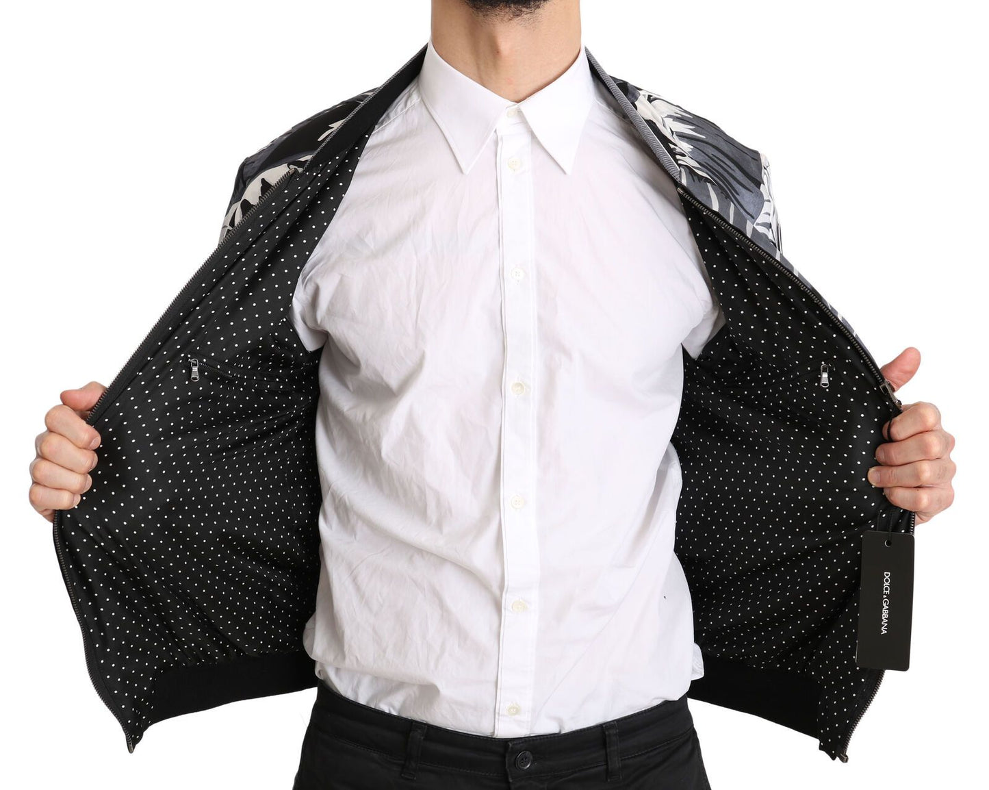 Black Silk Banana Leaf Print Bomber Jacket - Designed by Dolce & Gabbana Available to Buy at a Discounted Price on Moon Behind The Hill Online Designer Discount Store