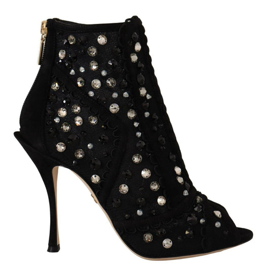 D&G Black Crystals Heels Zipper Short Boots Shoes - Designed by Dolce & Gabbana Available to Buy at a Discounted Price on Moon Behind The Hill Online Designer Discount Store