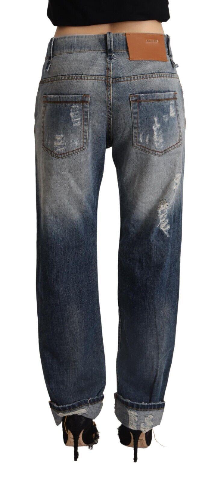 Blue Tattered Mid Waist Straight Denim Cotton Jeans - Designed by Acht Available to Buy at a Discounted Price on Moon Behind The Hill Online Designer Discount Store