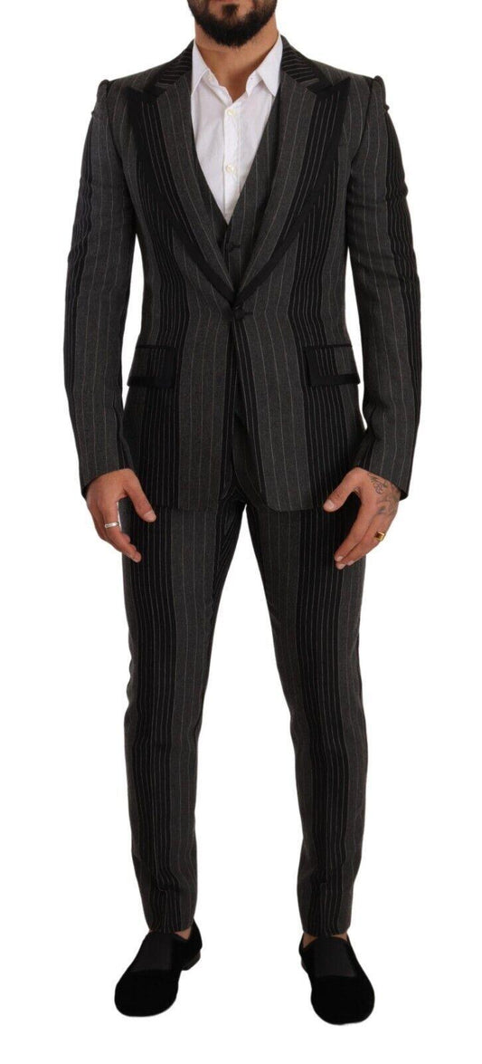 Dolce & Gabbana Men's Black Gray Striped Slim Fit 3 Piece Suit - Designed by Dolce & Gabbana Available to Buy at a Discounted Price on Moon Behind The Hill Online Designer Discount Store