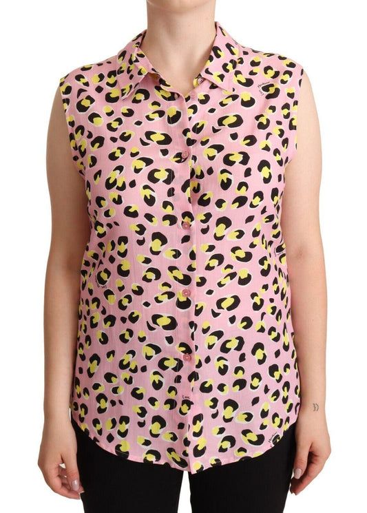 Pink Leopard Print Sleeveless Collared Polo Top designed by Love Moschino available from Moon Behind The Hill 's Clothing > Shirts & Tops > Womens range
