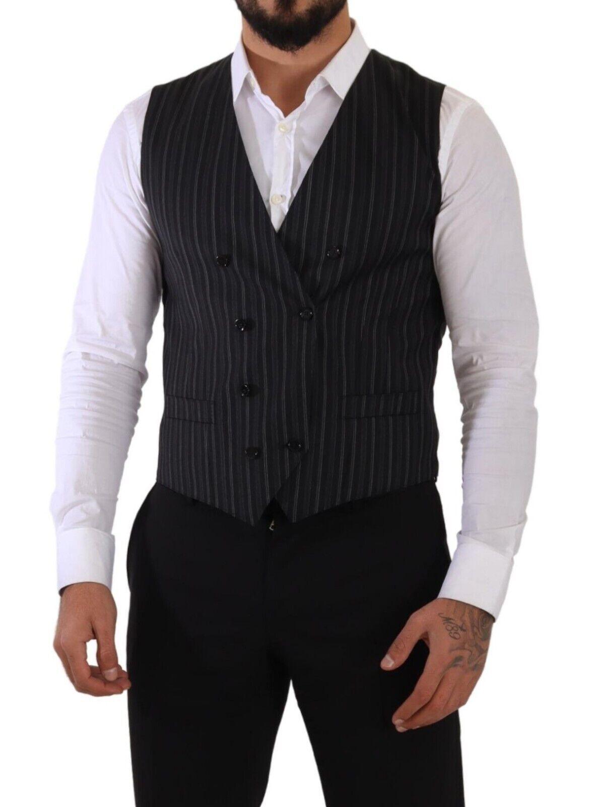 Gray Striped Double Breasted Waistcoat Vest - Designed by Dolce & Gabbana Available to Buy at a Discounted Price on Moon Behind The Hill Online Designer Discount Store