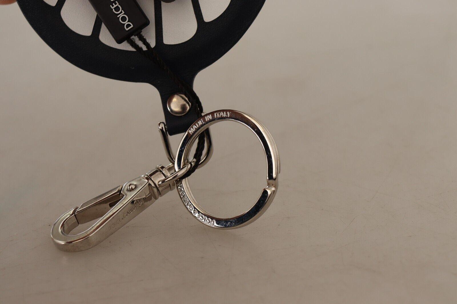Black Leather Shell Metal Silver Tone Keyring Keychain - Designed by Dolce & Gabbana Available to Buy at a Discounted Price on Moon Behind The Hill Online Designer Discount Store