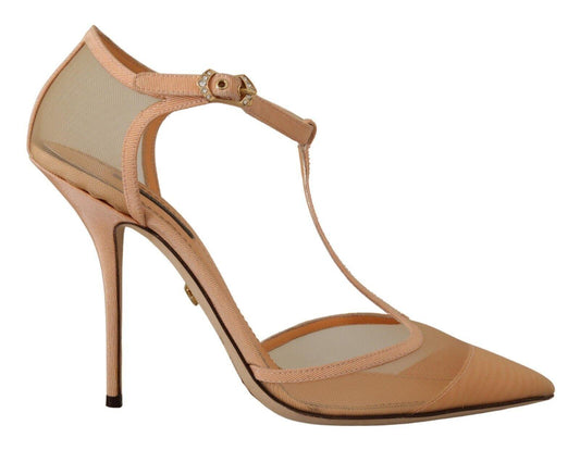Dolce & Gabbana Beige Mesh T-strap Stiletto Heels Pumps Shoes - Designed by Dolce & Gabbana Available to Buy at a Discounted Price on Moon Behind The Hill Online Designer Discount Store