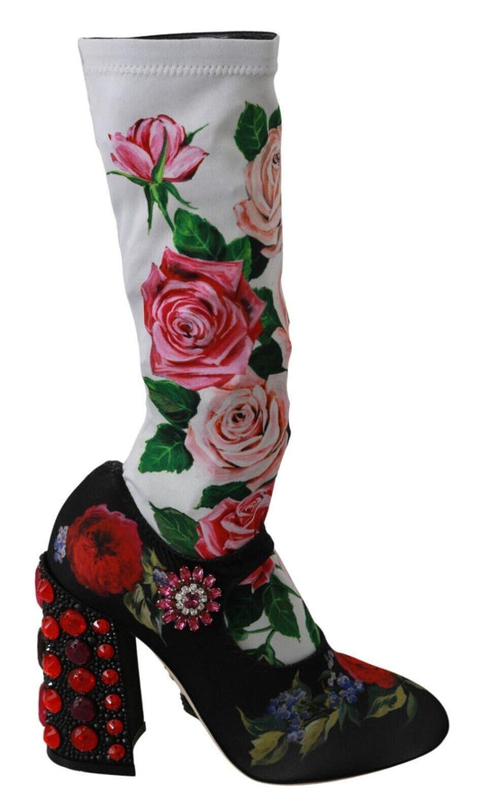 Dolce & Gabbana Black Floral Socks Crystal Jersey Boots Shoes - Designed by Dolce & Gabbana Available to Buy at a Discounted Price on Moon Behind The Hill Online Designer Discount Store