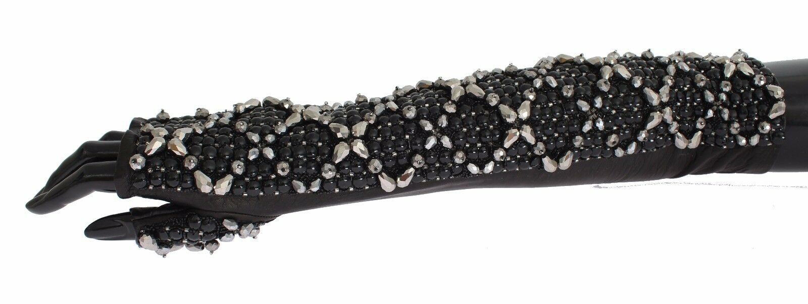 Black Leather Crystal Beaded Finger Free Gloves - Designed by Dolce & Gabbana Available to Buy at a Discounted Price on Moon Behind The Hill Online Designer Discount Store