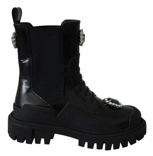 Dolce & Gabbana Black Leather Crystal Combat Boots - Designed by Dolce & Gabbana Available to Buy at a Discounted Price on Moon Behind The Hill Online Designer Discount Store