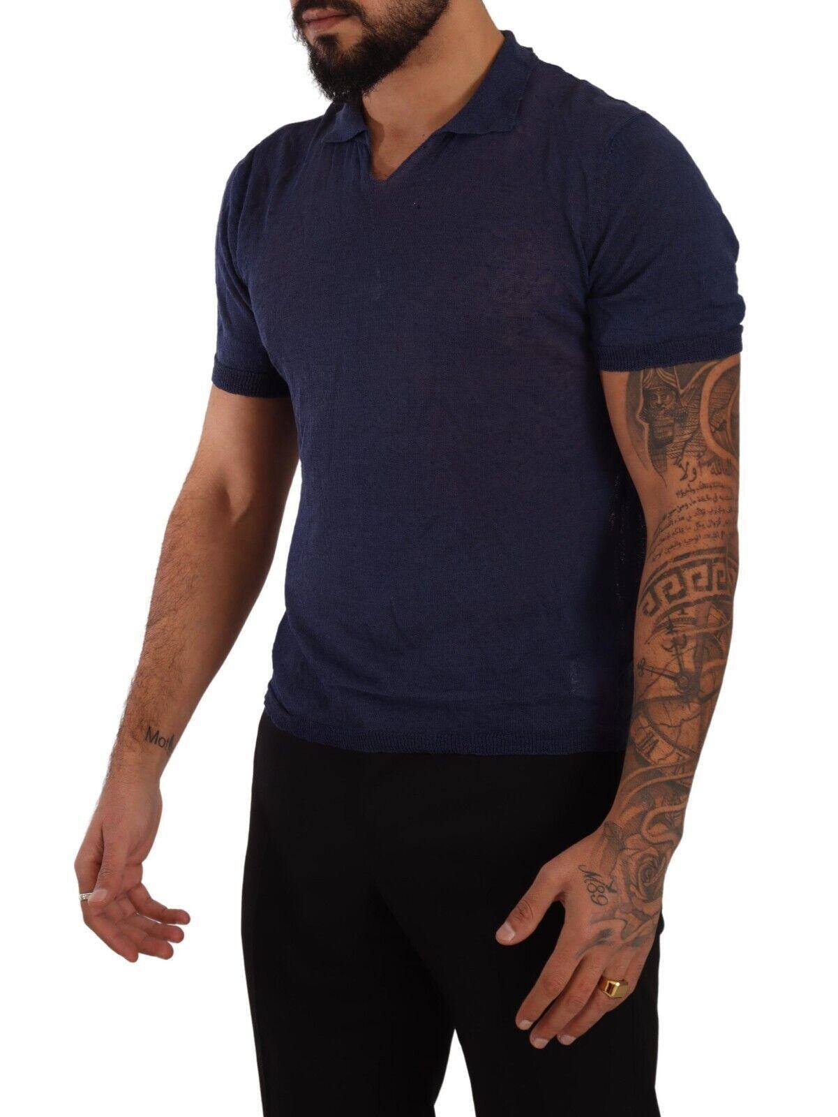 Daniele Alessandrini Men's Navy Blue Linen Collared T-shirt - Designed by Daniele Alessandrini Available to Buy at a Discounted Price on Moon Behind The Hill Online Designer Discount Store