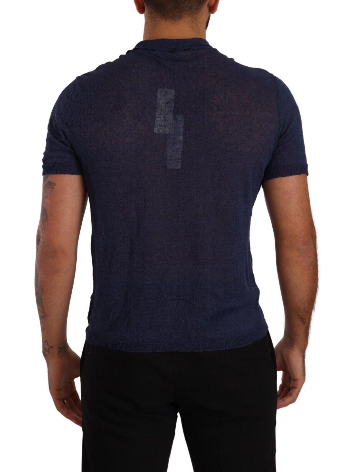 Daniele Alessandrini Men's Navy Blue Linen Collared T-shirt - Designed by Daniele Alessandrini Available to Buy at a Discounted Price on Moon Behind The Hill Online Designer Discount Store