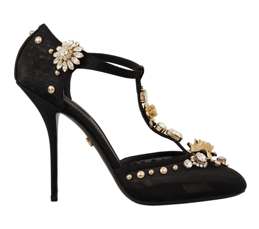 Dolce & Gabbana Black Mesh Crystals T-strap Heels Pumps Shoes - Designed by Dolce & Gabbana Available to Buy at a Discounted Price on Moon Behind The Hill Online Designer Discount Store