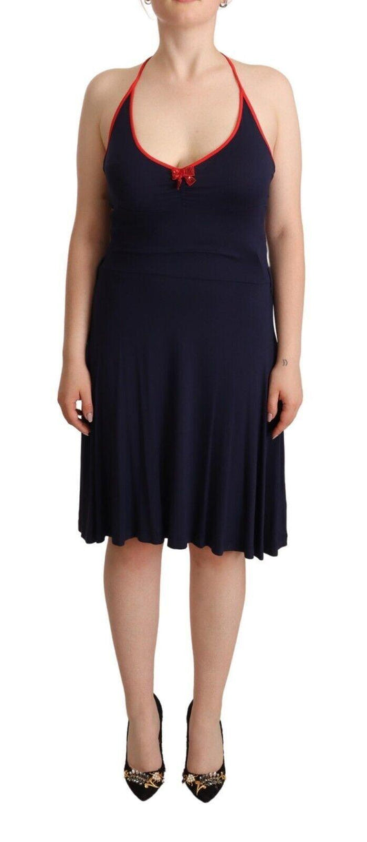 Navy Blue Sleeveless Halter Sheath Midi Dress designed by Roccobarocco available from Moon Behind The Hill 's Clothing > Dresses > Womens range
