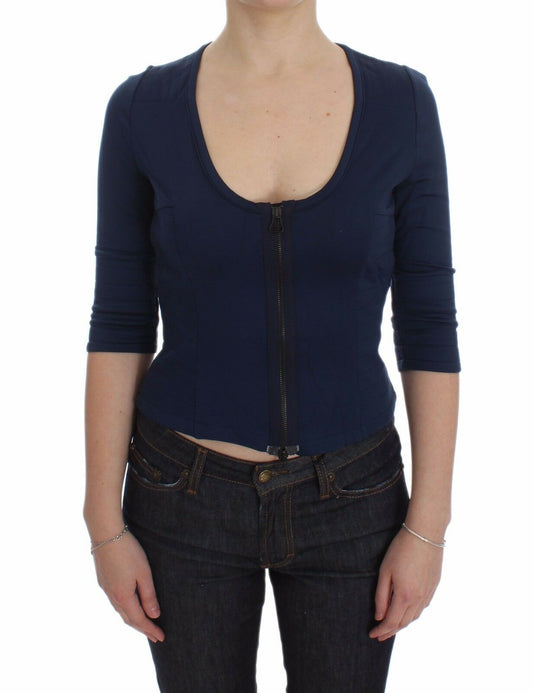 Blue Cotton Top Zipper Deep Crew-neck Sweater - Designed by Exte Available to Buy at a Discounted Price on Moon Behind The Hill Online Designer Discount Store