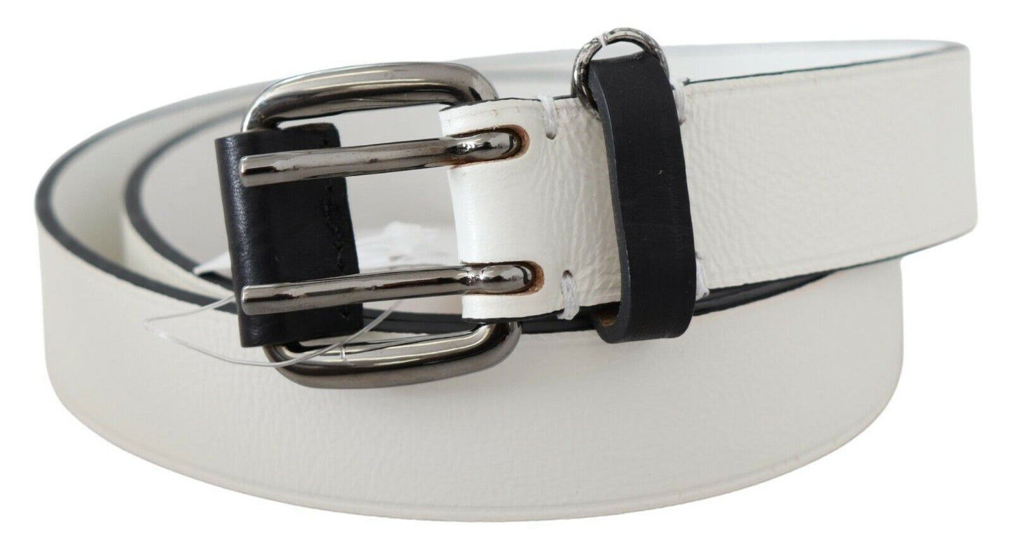 White Genuine Leather Silver Buckle Waist Belt