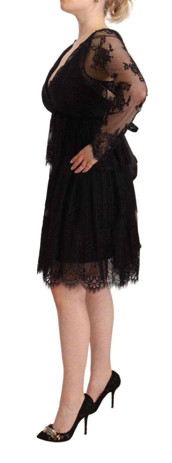 Aniye By Black Floral Lace Cotton Long Sleeves V-neck Shift Dress - Designed by Aniye By Available to Buy at a Discounted Price on Moon Behind The Hill Online Designer Discount Store
